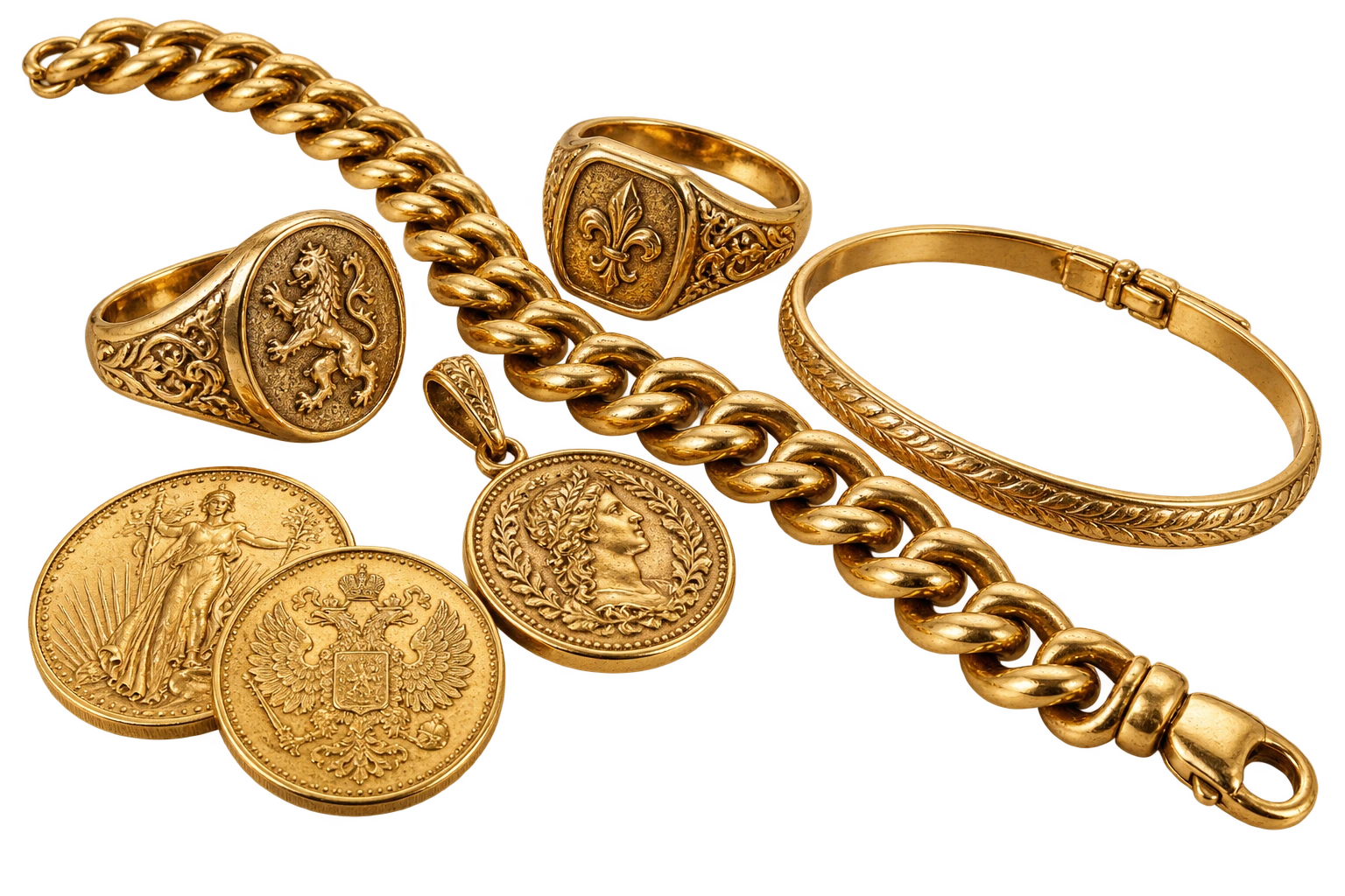 Illustrative Sammlung goldener Ketten, Ringe und Münzen