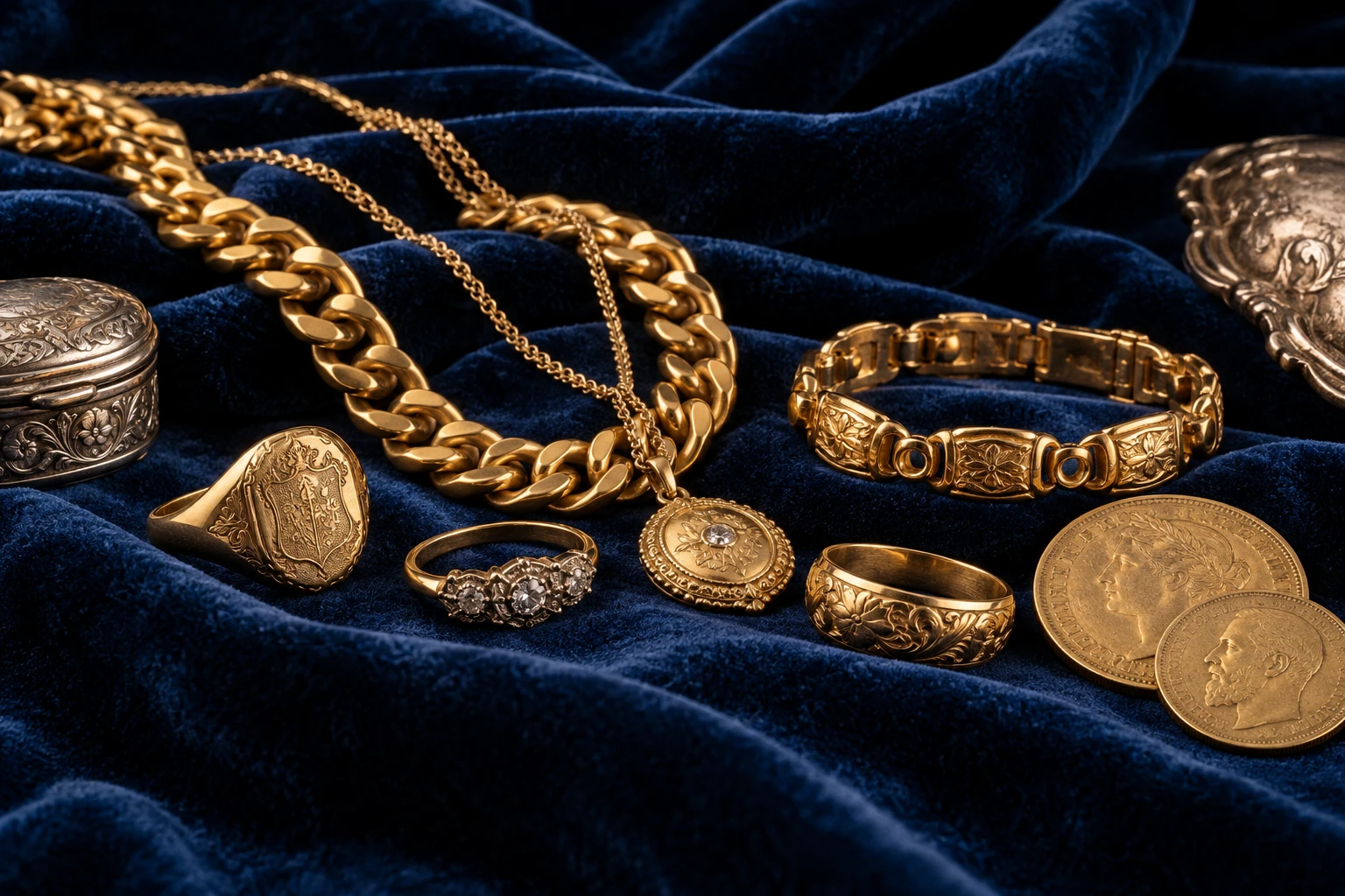 Illustrative Goldschmuck-Komposition auf blauem Samt