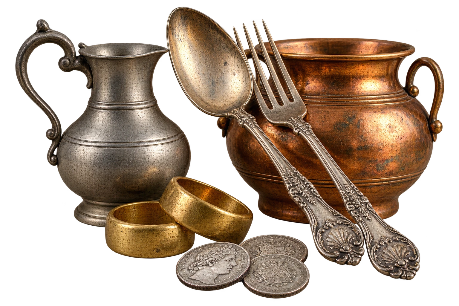 Illustrative Sammlung aus Silberbesteck, Zinn, Kupfer und Münzen